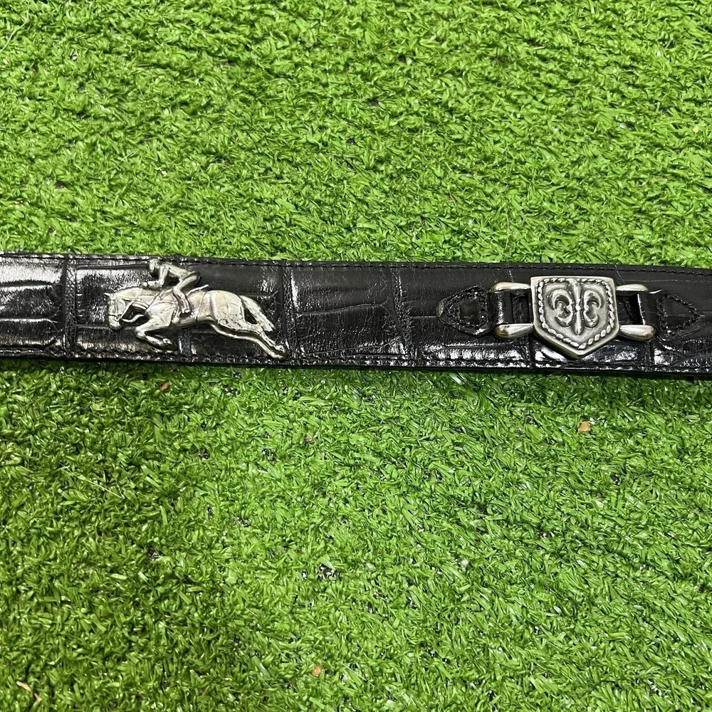 Vintage Brighton Belt SM Black Horse Polo Medallion Accent Embossed Leather 1996